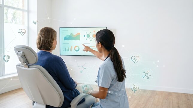 Female nurse consulting patient in medical office explaining healthcare data on screen digital health technology telemedicine concept modern medicine doctor and elderly woman