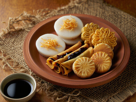 Traditional indonesian jajanan pasar snacks served on a clay plate