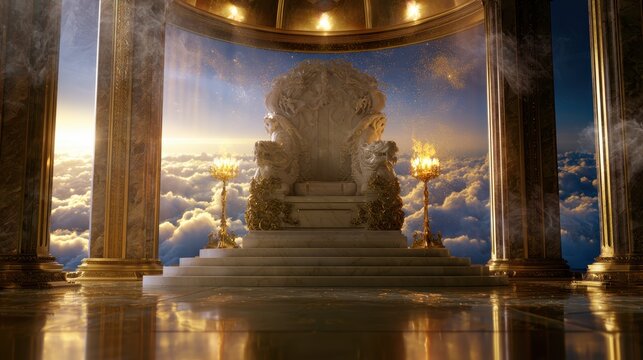 Celestial throne room, golden pillars, majestic sky, divine power