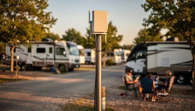 Image featuring a discreet antenna mounted on a lamppost within an RV campground with blurred campers demonstrating stable highspeed WiFi service.