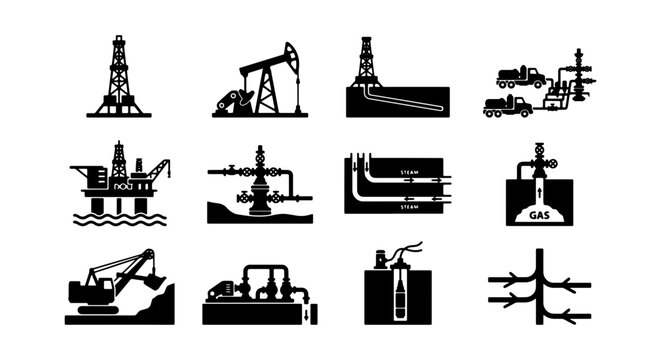 Oil and Gas Industry Icons Set, Energy Extraction Vector Graphics, Resource Exploration Symbols