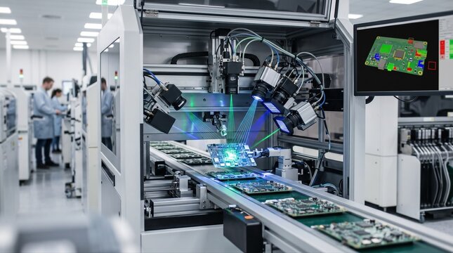 Medium shot focusing on a 3D AOI machine analyzing circuit boards with depth sensing cameras to identify solder and component issues from multiple angles.