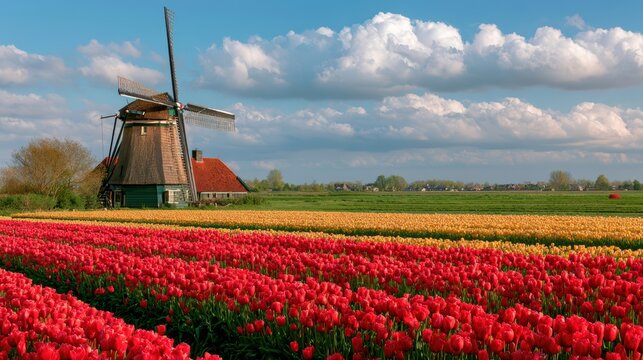 Historic Dutch windmill, vibrant red and yellow tulip fields, sunny spring day