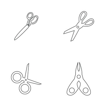 Scissors Icon Collection Cutting Symbols. Set of scissors icons in multiple positions and styles, representing cutting, crafting, editing, and office tool symbols.