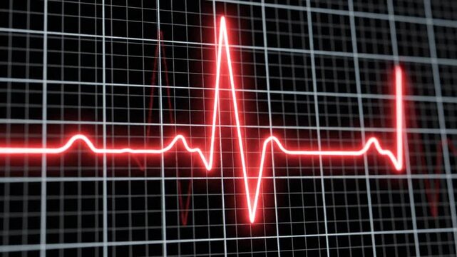 Medical illustration of a red heartbeat line on a black grid background