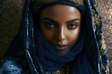 Naklejka premium Portrait of woman in blue velvet headscarf, golden embroidery, intense gaze, cultural elegance