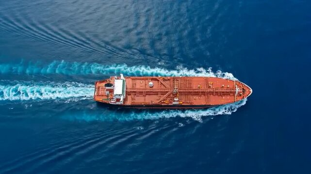 Large industrial oil tanker ship sailing across the deep blue ocean water from aerial view perspective