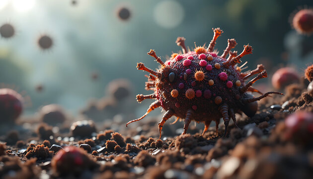 Microscopic view of a virus with red and orange protrusions on a brown surface