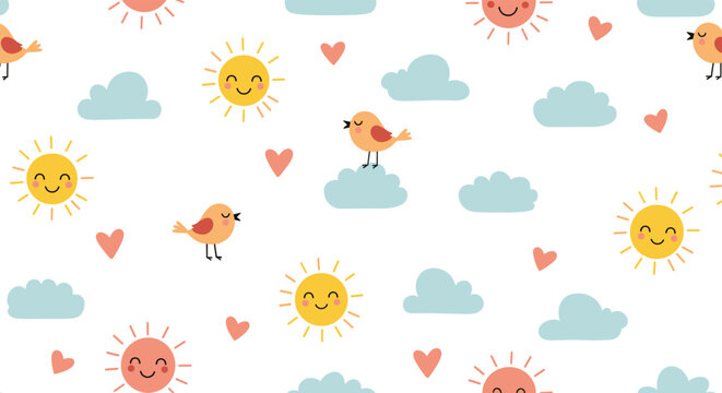Joyful seamless pattern features smiling suns, fluffy blue clouds, small orange birds, and pink hearts floating across a clean white backdrop.