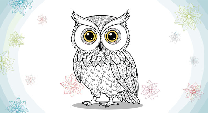 Adorable owl with large expressive eyes is surrounded by delicate floral sketches in this intricate black and white coloring page design.