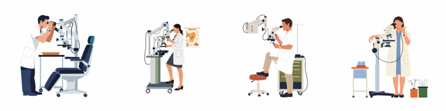 Set of flat vector illustrations depicting medical specialists using advanced surgical microscopes and diagnostic equipment in a clinic or laboratory environment.
