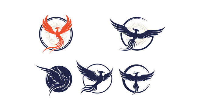 Set of six phoenix and firebird logo designs in circular frames featuring powerful mythical creatures in red and dark blue colors.