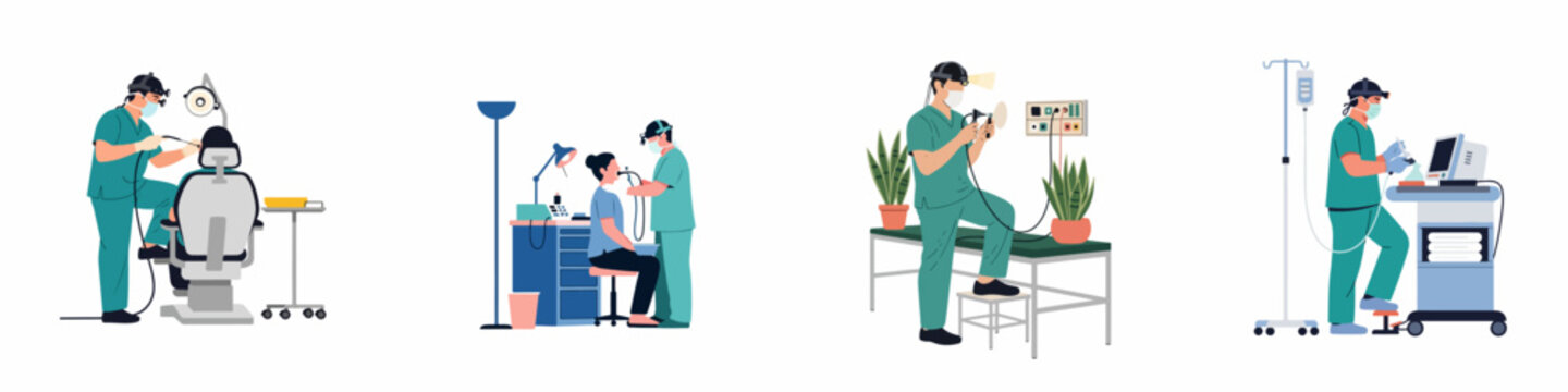 Collection of ENT specialists performing examinations and surgeries using specialized medical equipment in a professional clinic environment.
