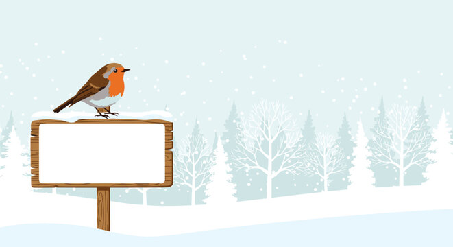 Small robin bird perched on a wooden sign covered in snow within a serene winter forest landscape with falling snowflakes.