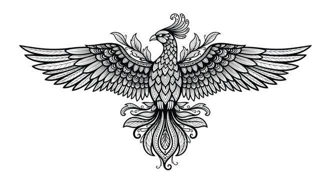 Detailed black and white tribal drawing of a phoenix with wide wings and intricate patterns inspired by traditional folk art.