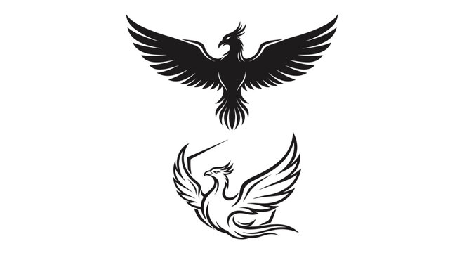 Minimalist logo designs of an eagle or phoenix bird in black and white with wings spread wide in two different artistic styles.