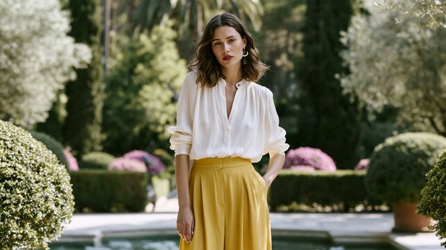 Una mujer posando para una promoci&oacute;n de ropa de primavera en un jard&iacute;&shy;n elegante