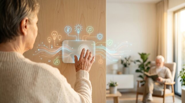 Elderly woman interacting with smart home touchscreen control panel holographic interface icons for lighting temperature security and entertainment senior people using modern