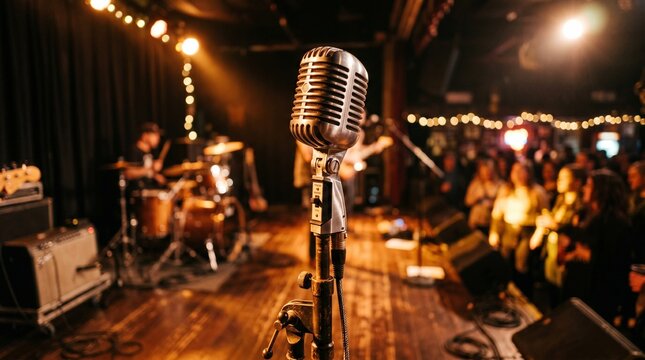 Vintage Microphone on Stage Before Live Music Performance with Band and Audience
