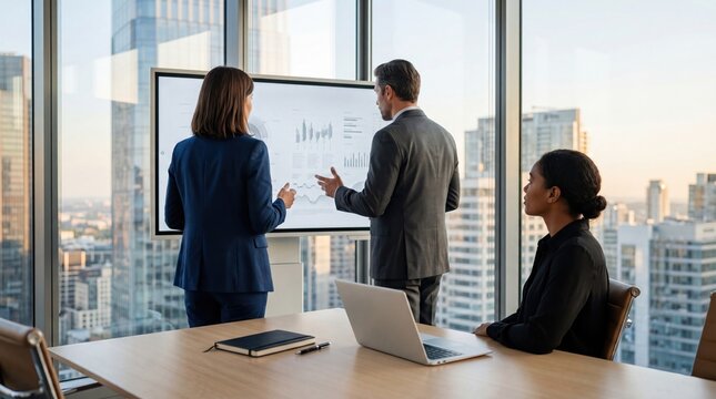 Business executives analyzing financial data on smart screen in modern office corporate strategy meeting discussing growth charts with city skyline view through windows at sunset
