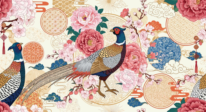 Exquisite seamless pattern featuring pheasants and blooming cherry blossoms in a traditional Japanese garden style for fabric print.