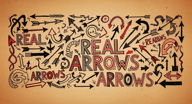 Hand-drawn doodle arrows with "REAL ARROWS" text on a distressed brown paper background