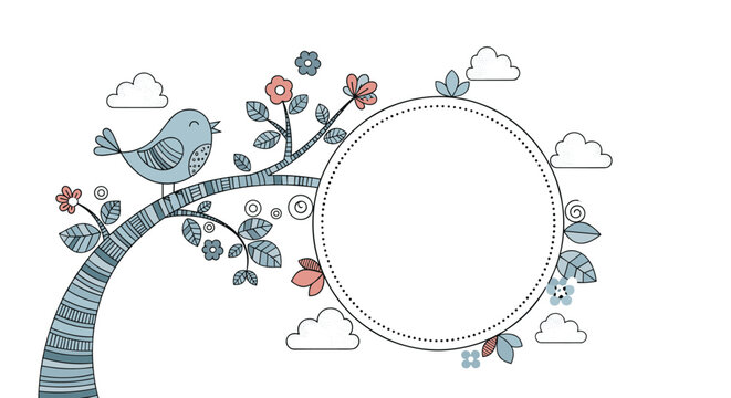 Simple blue bird perches on a stylized tree branch with pink flowers next to a dotted circular frame on a white background.