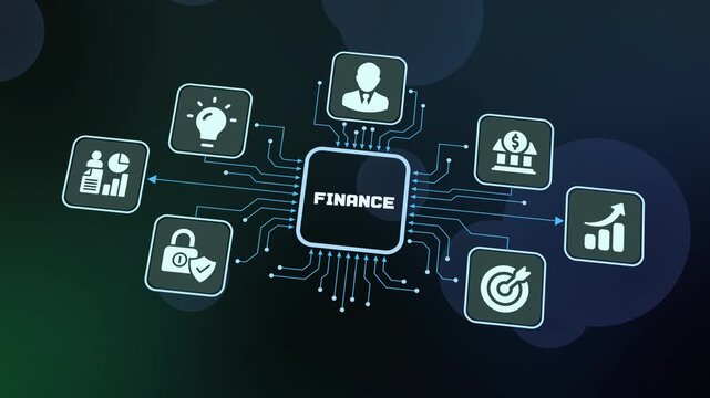 Digital FINANCE ecosystem network concept. Central system linking monetary growth security metrics innovation and commerce icons. High-tech animation