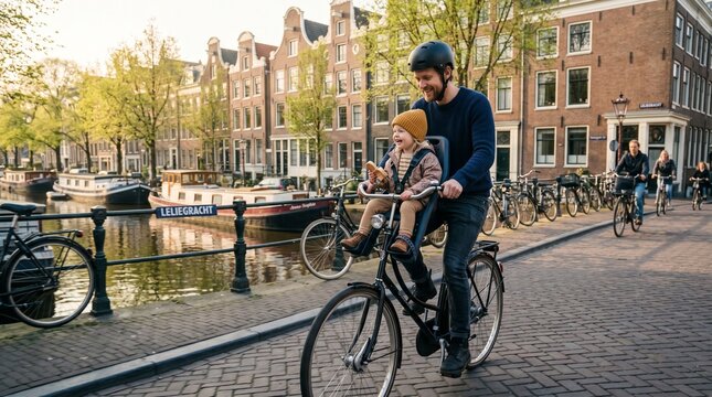 A happy father cycling along an Amsterdam canal with his young daughter in a front-mounted child seat, surrounded by historic buildings and bicycles