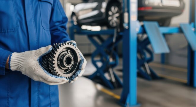Mechanic holding car part in garage