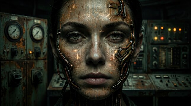 Closeup portrait of a female cyborg face with glowing circuitry human android science fiction robot cybernetic implants artificial intelligence AI technology concept