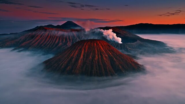 Majestic volcanic peaks emerge from clouds at sunrise, showcasing natural beauty