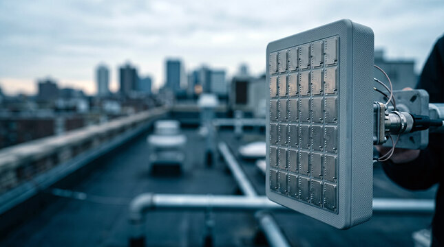 5G antenna array panel on urban rooftop environment, 5G infrastructure technology