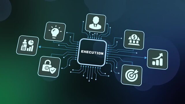 Business execution and project implementation concept showing digital icons for action plan, performance, and strategy realization in corporate tech