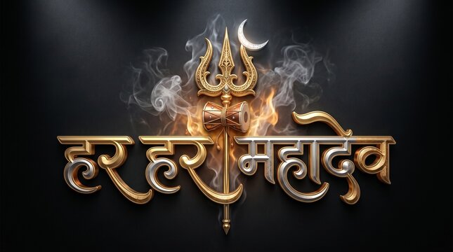 Har har mahadev hindi text with golden trishul, moon, and smoke on dark background