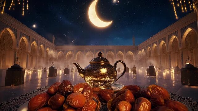 Ramadan decorations with crescent moon and dates.