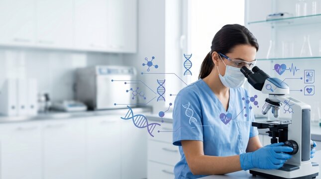 Female medical researcher looking through microscope in laboratory using advanced equipment for scientific analysis and genetic study