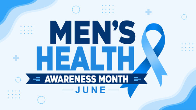 Men's Health Awareness Month banner with blue ribbon and modern geometric waves on white background. Professional June healthcare celebration template.