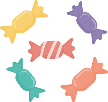 A delightful arrangement of five sweet wrapped candies in vibrant colors including yellow purple red teal and orange scattered playfully across a plain surface conveying a sense of joy and