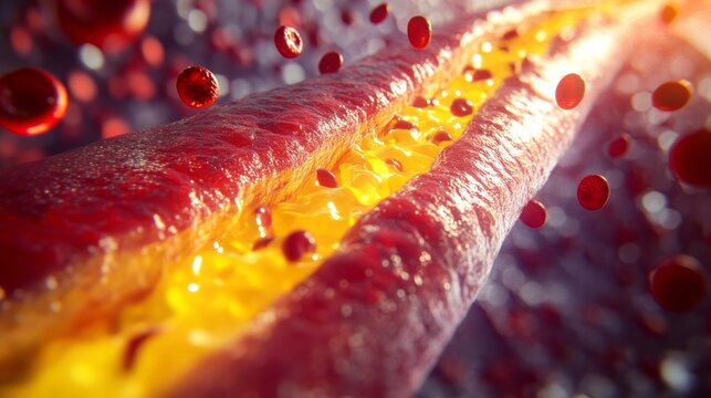 Extreme macro view inside human artery with dense flow of red blood cells and bright cholesterol buildup along vessel walls detailed medical visualization cardiovascular disease restricted circulation