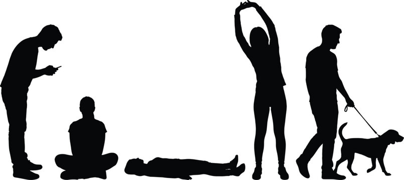 Human silhouette collection featuring smartphone user, meditating person, lying figure, stretching woman and man walking dog isolated on white background vector