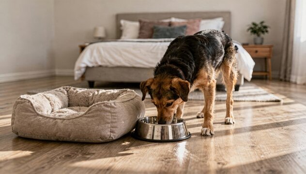 Spacious guest room capturing a large dog eagerly drinking from a bowl beside a comfy pet bed with clean durable flooring and softly blurred bed and d&eacute;cor enhancing the petfriendly