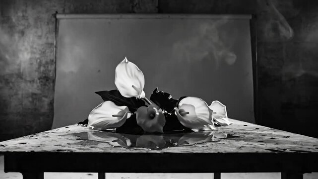 Black and white still life of calla lilies with reflective surface and moody lighting