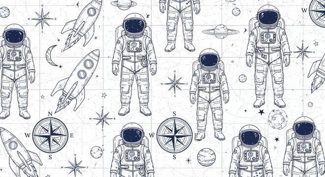 retro space adventure wallpaper with astronauts rockets planets and compasses