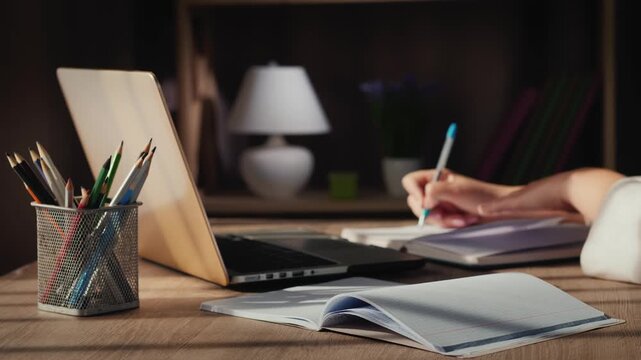 Close up of student hands writing in notebook at home office desk with laptop and pencils.