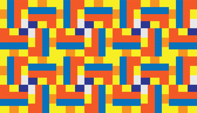 Seamless geometric pattern in Bauhaus style with primary colors and rectangular shapes.