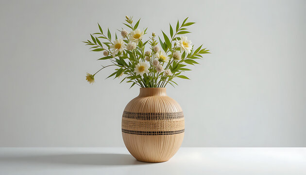 Woven vase with white flowers and green leaves on a white surface basket-weave brown