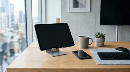 Fototapeta premium Tablet Mockup on Desk with Computer and Accessories