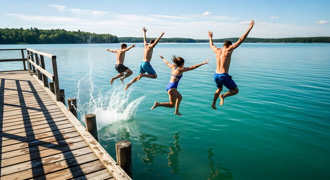 Four friends jumping into a lake from a wooden pier.