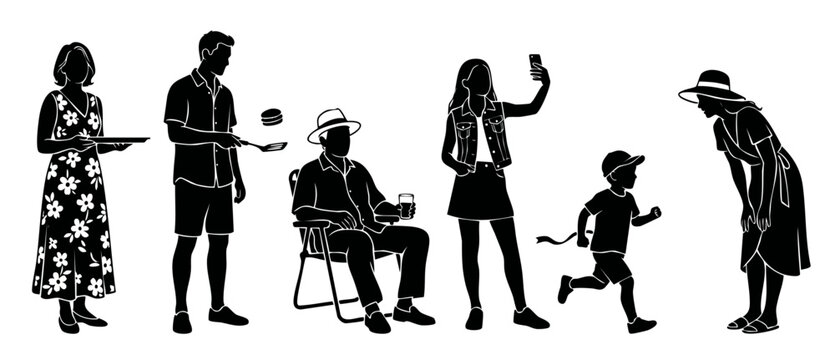 Family picnic silhouette characters set, people having fun summer party, grilling burgers, playing, taking selfie and relaxing in chairs, isolated vector illustrations collection for holiday outdoor d